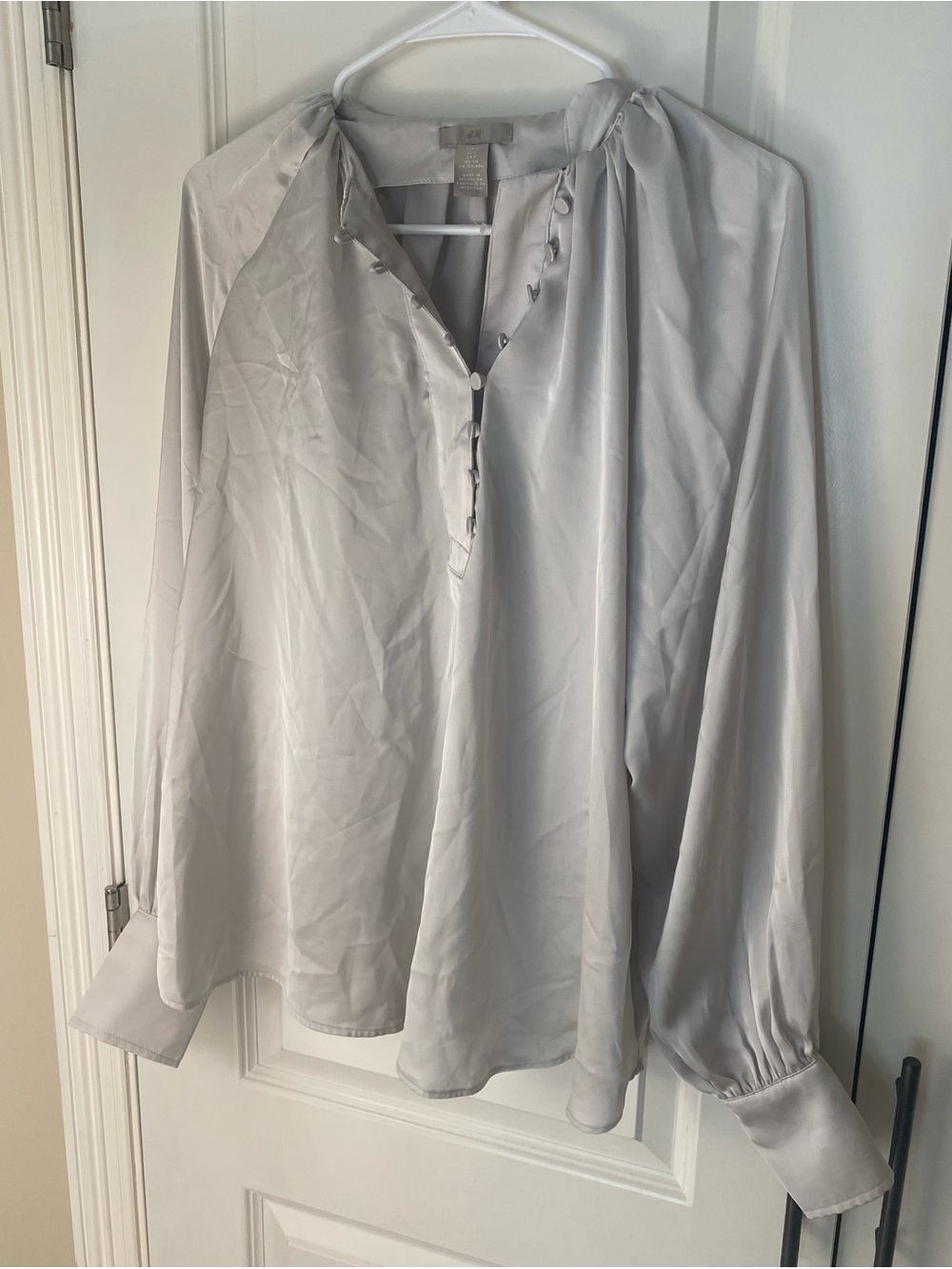 H&M Light Gray Satin-Look V-Neck Blouse with Button Loops